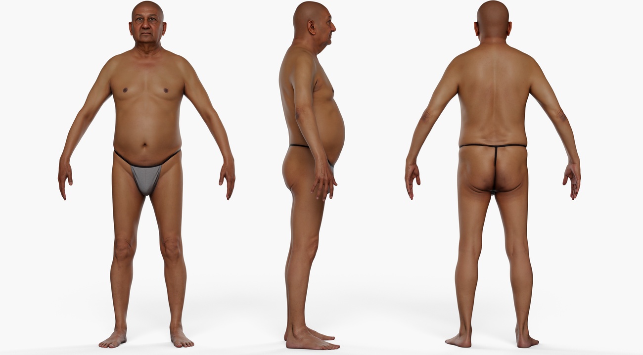 Full body 3D scan of a stocky older male with soft midsection, retopologised quad mesh with PBR textures